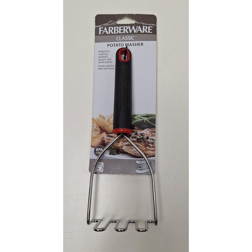 Farberware Stainless Steel Classic Black Red Potato Masher 9" Long New